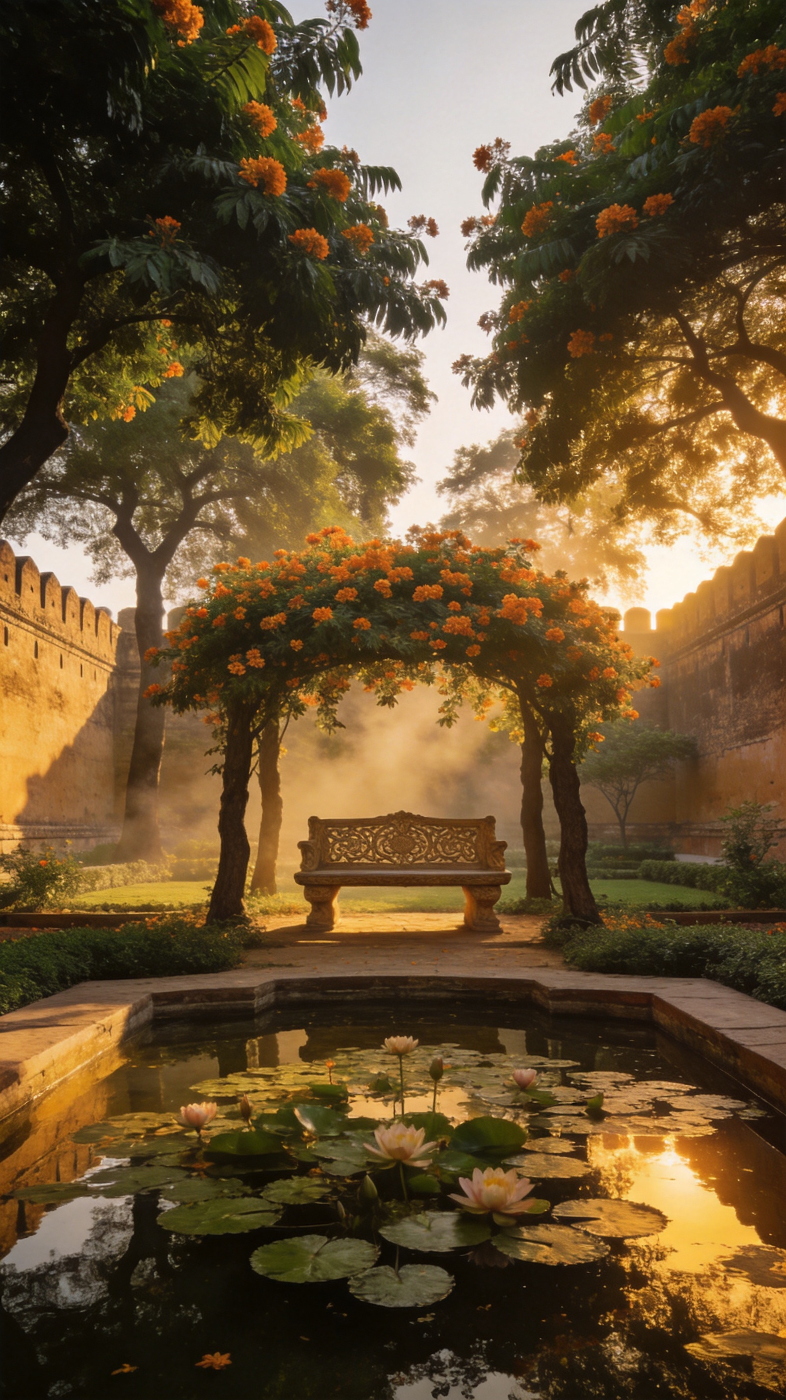Walled royal garden at sunrise with orange ashoka blossom, a stone bench and a still lotus pool.