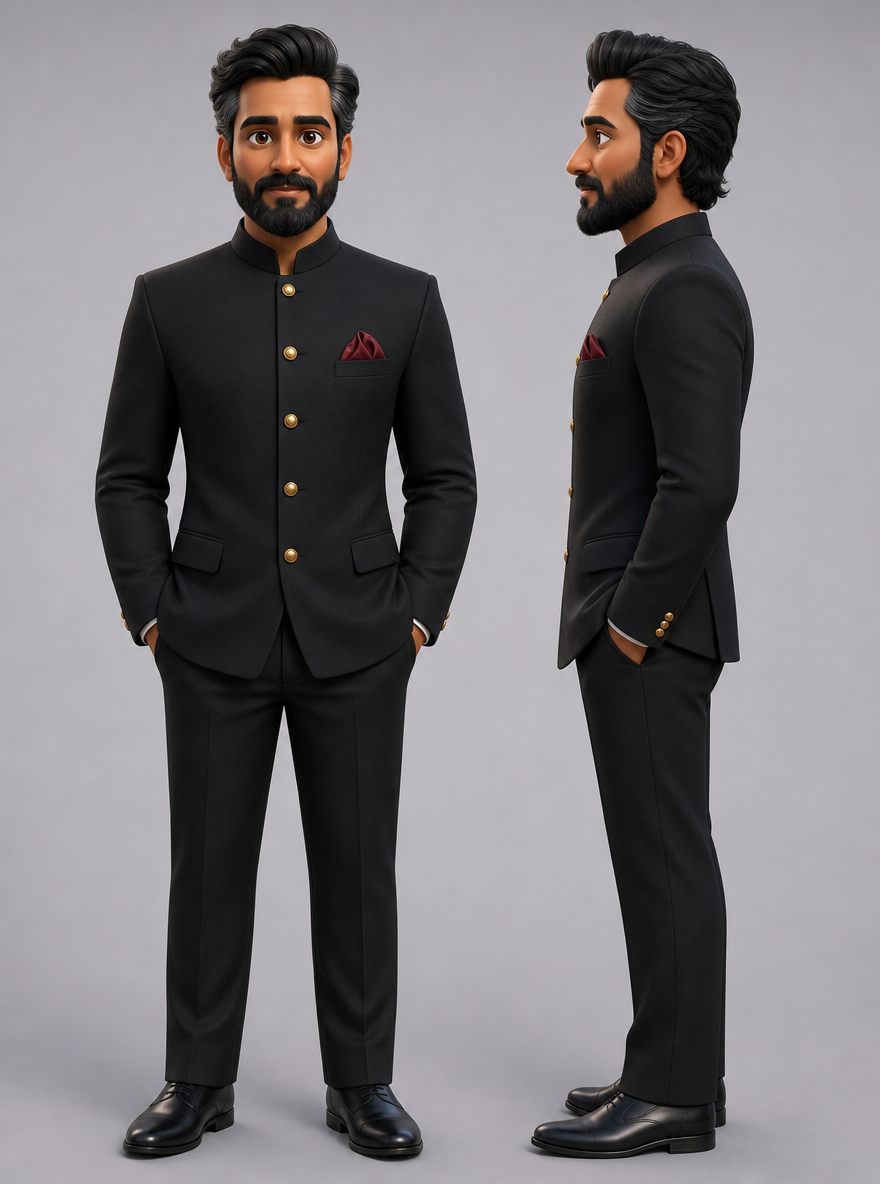 3d pixar-style character reference sheet of Vikram Rathore, an Indian man in a black bandhgala jacket, front view and profile.