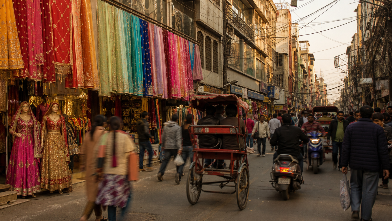 Lajpat Nagar Central Market in Delhi with dupattas in colour gradients hung along shop fronts and rickshaws in the road.