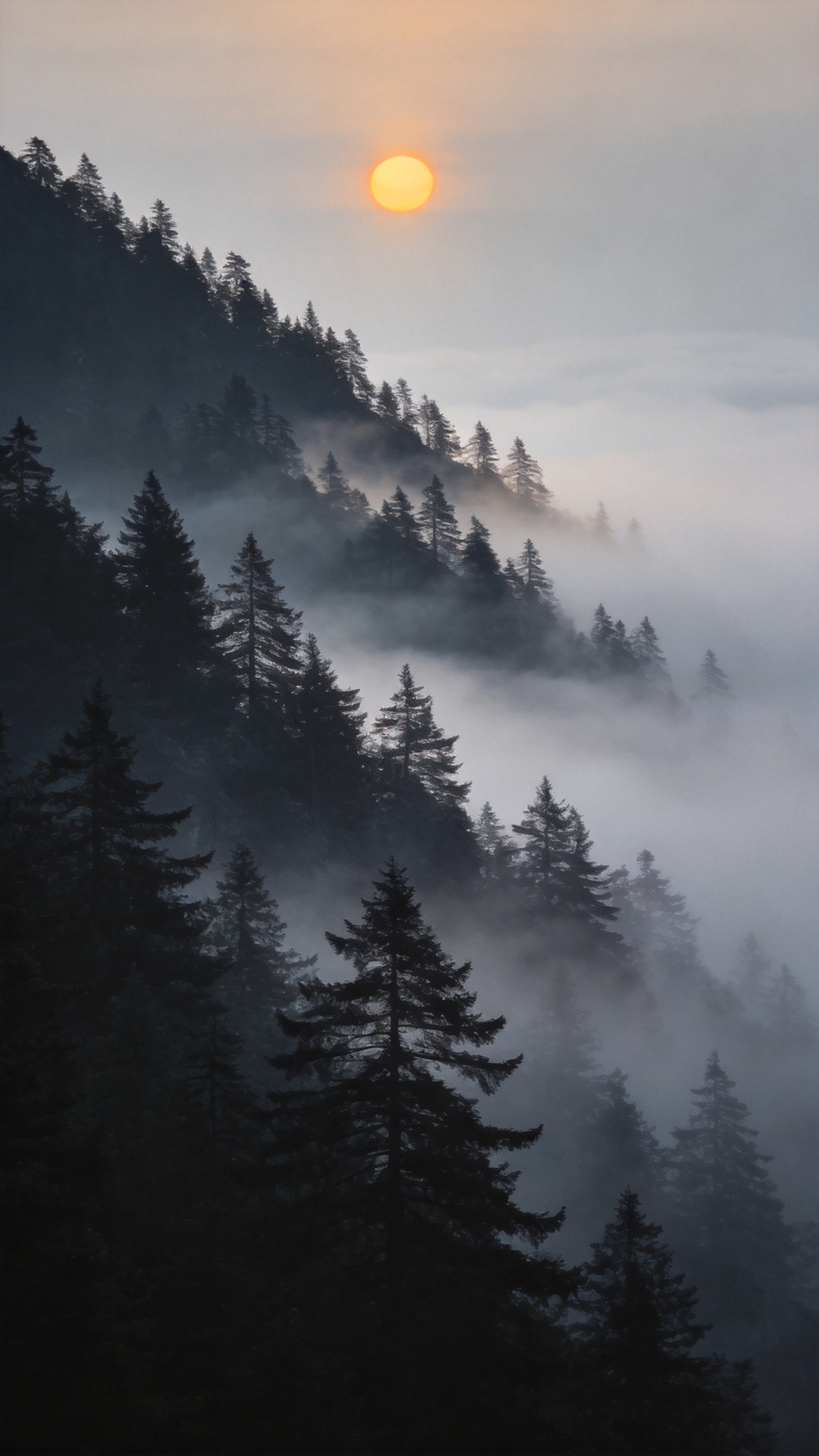 Layered pine ridge wrapped in morning mist with a faint sun disc burning through near the top.