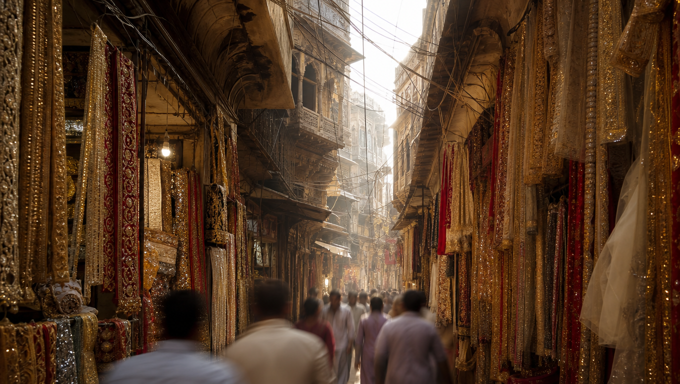 Narrow Kinari Bazaar lane in Chandni Chowk, Delhi, with shops hung floor to ceiling in zari borders and lace.