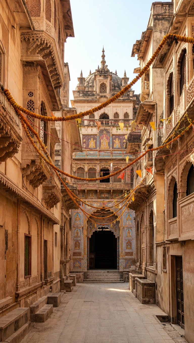 Vertical view of the narrow marigold-strung lane leading to Banke Bihari Temple in Vrindavan.