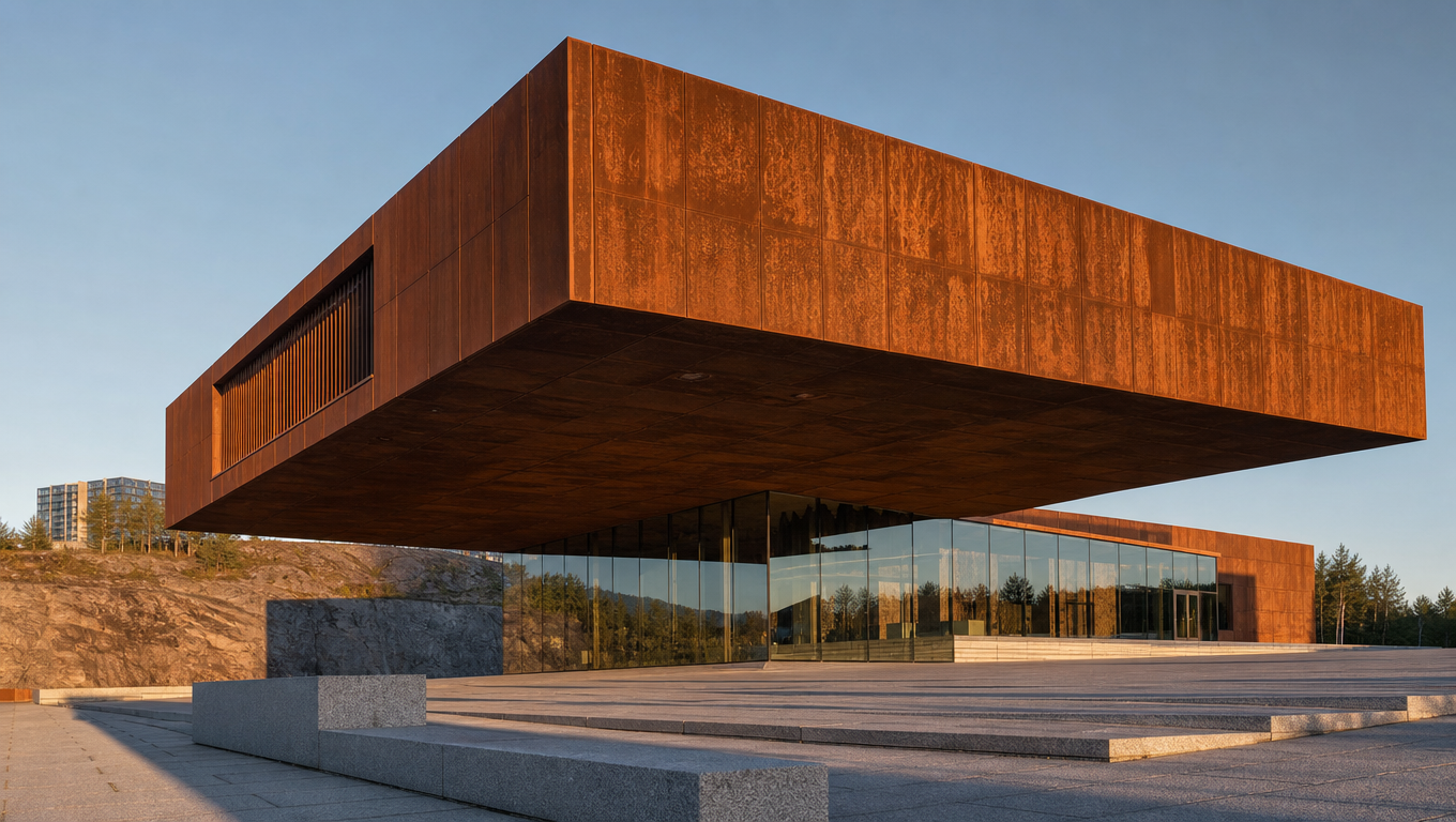 Modern museum with a large corten-steel volume cantilevered over an empty granite plaza in late sun.