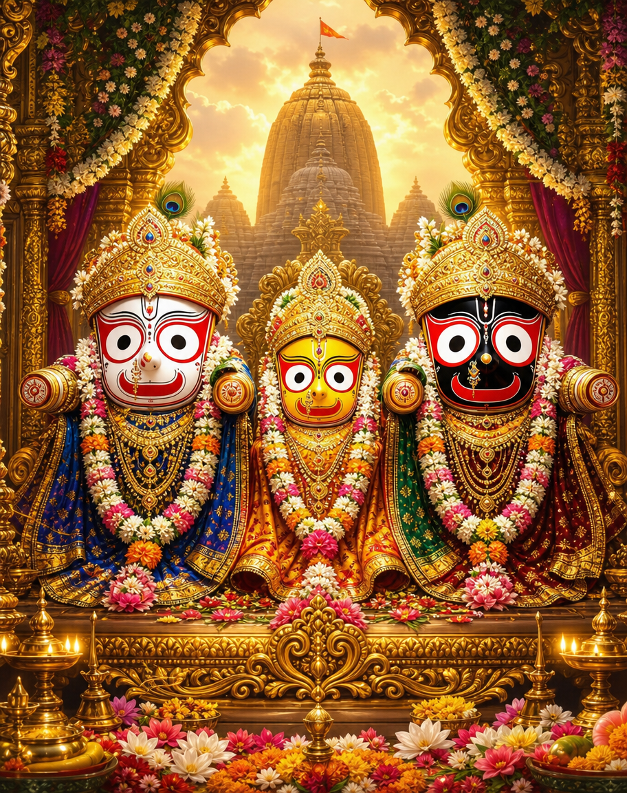 Devotional art of jagannath balabhadra subhadra, lord jagannath with balabhadra and subhadra, the three distinctive round-eyed wooden icons in black, white and yellow on the ratna simhasana, floral decorations and the puri temple glow.