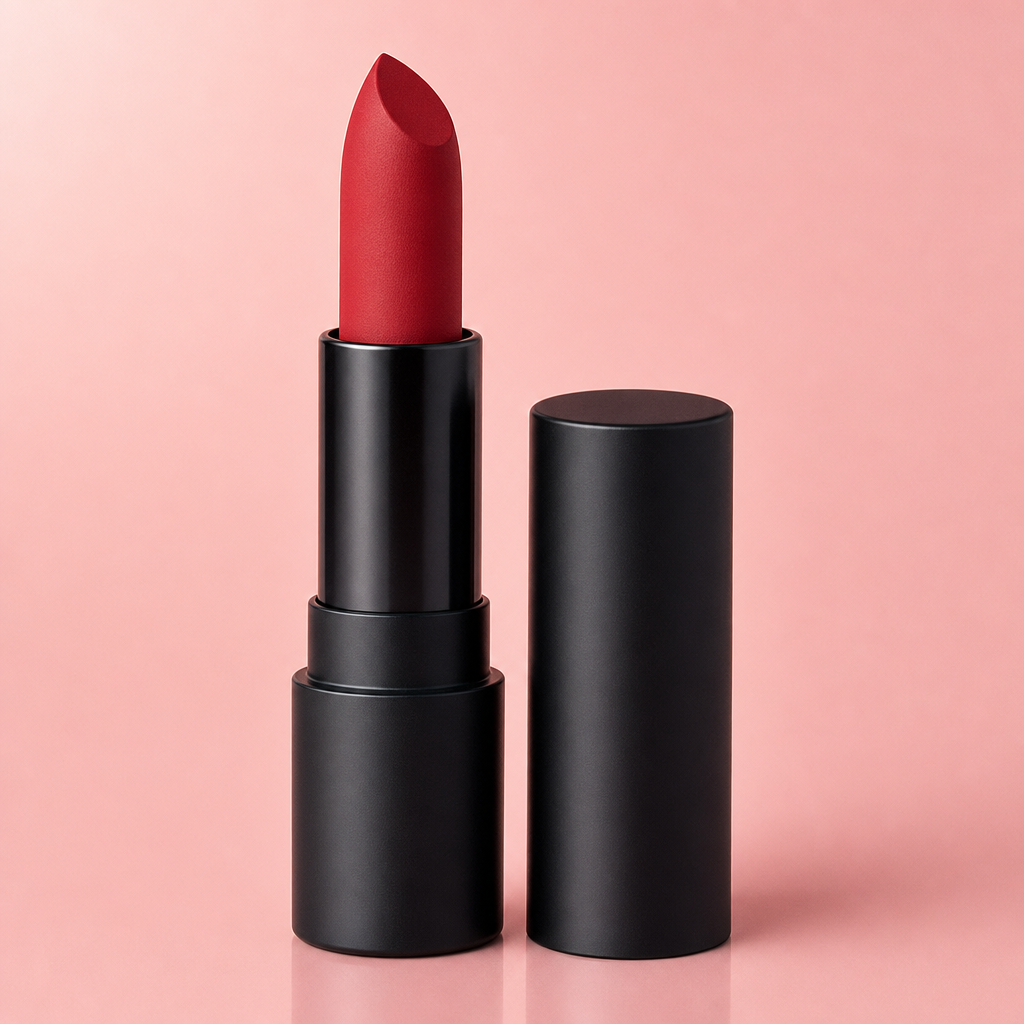 Deep red matte lipstick extended from a black tube with its cap beside it on a blush pink surface.