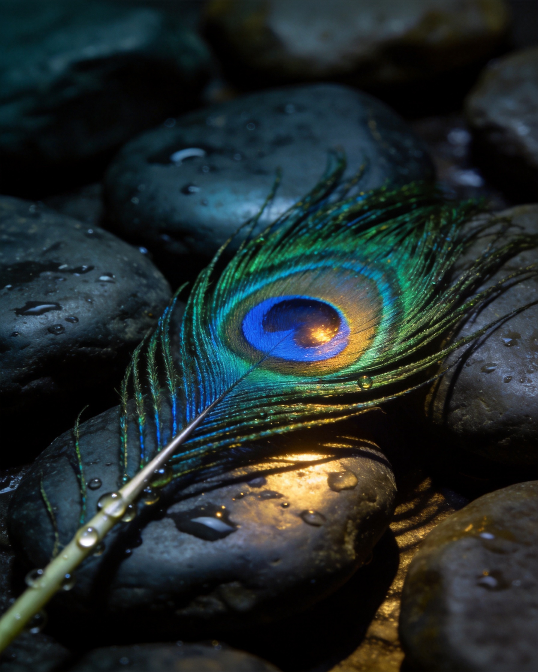 Macro of a single iridescent peacock feather lying across dark wet river stone in a low warm beam.