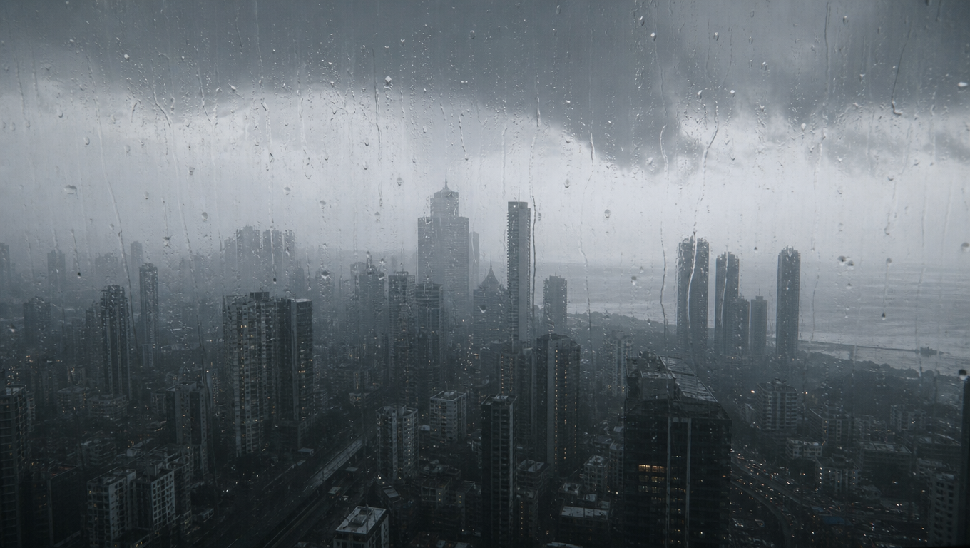 City skyline of grey towers seen through a rain-streaked window during heavy monsoon rain.