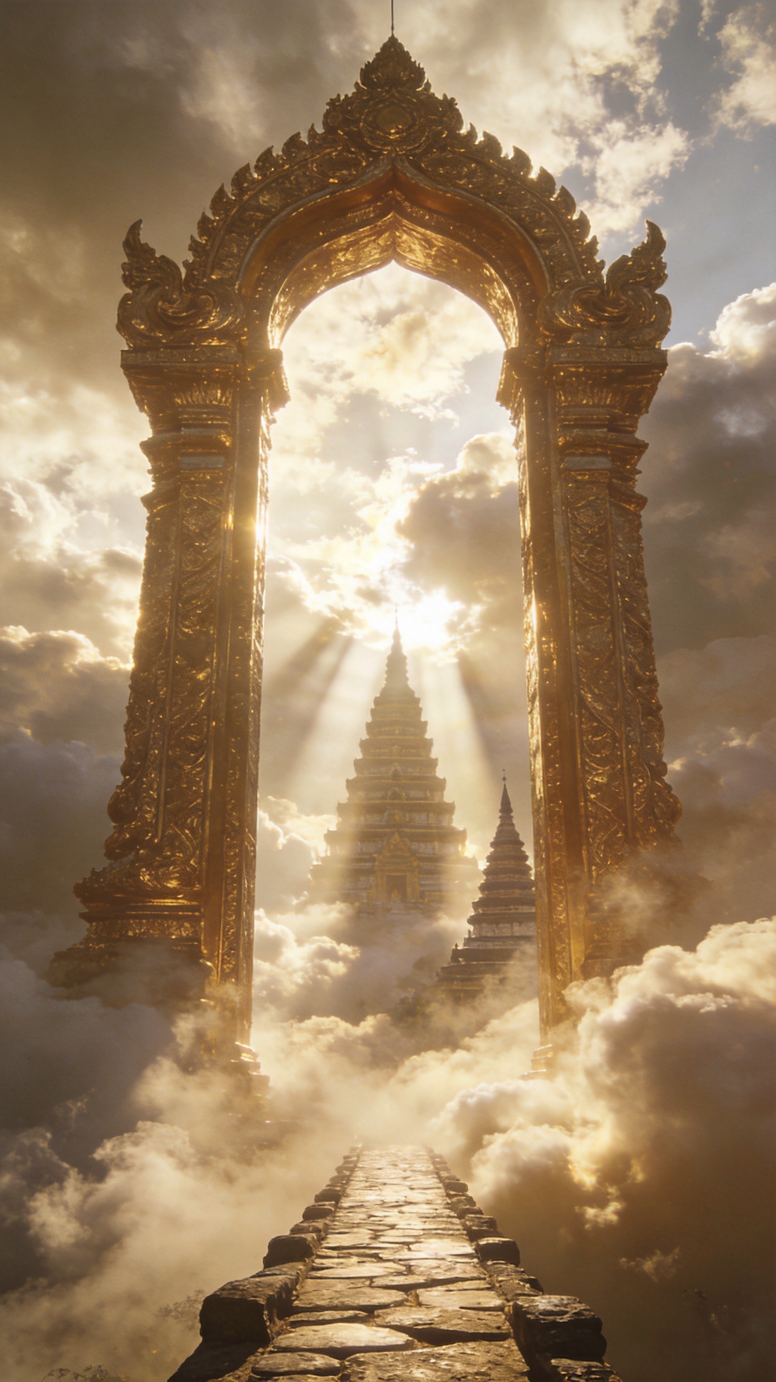 Colossal golden gateway arches standing in sunlit cloud with temple spires and light shafts beyond.