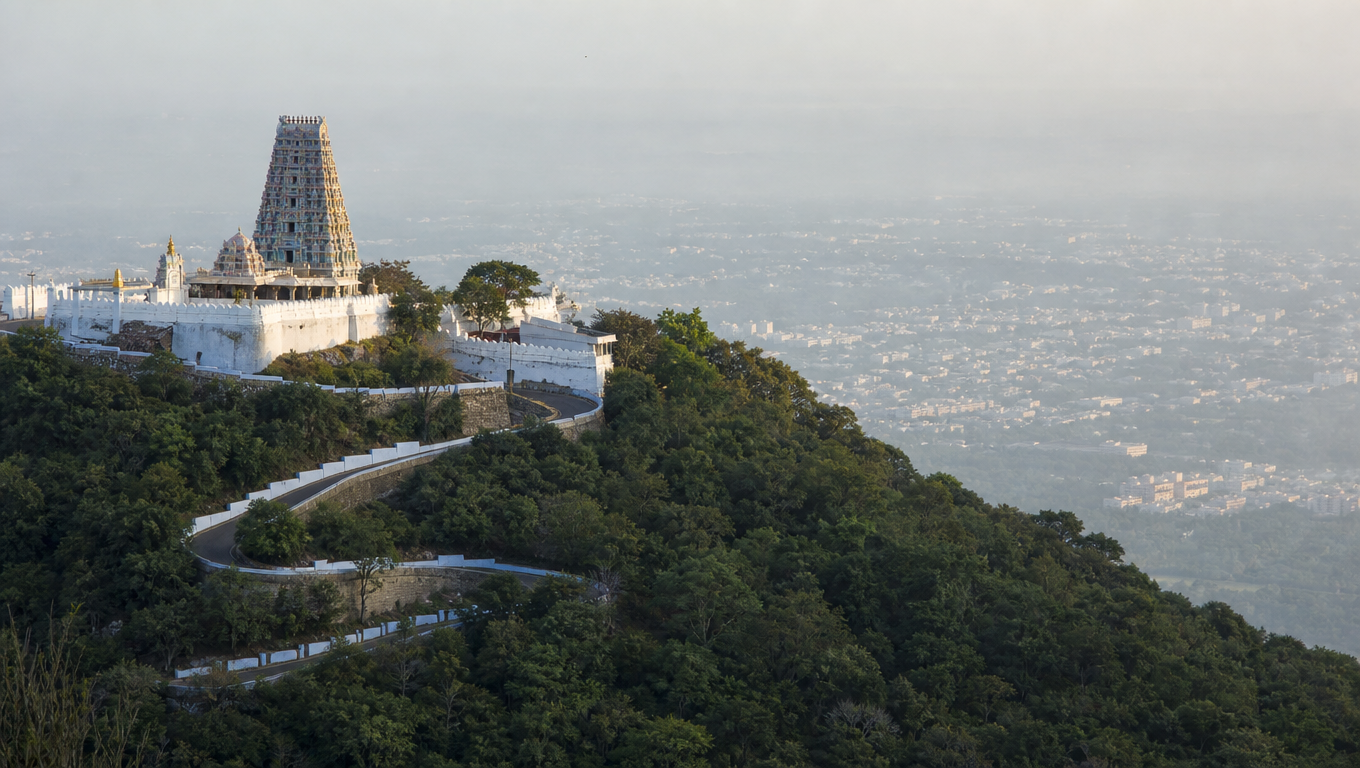 Marudhamalai Murugan Temple on a forested hill above Coimbatore with the ghat road winding up through green.