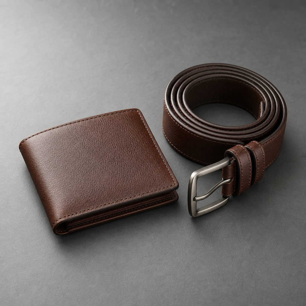 Brown leather bifold wallet and a coiled matching leather belt on a slate grey surface.
