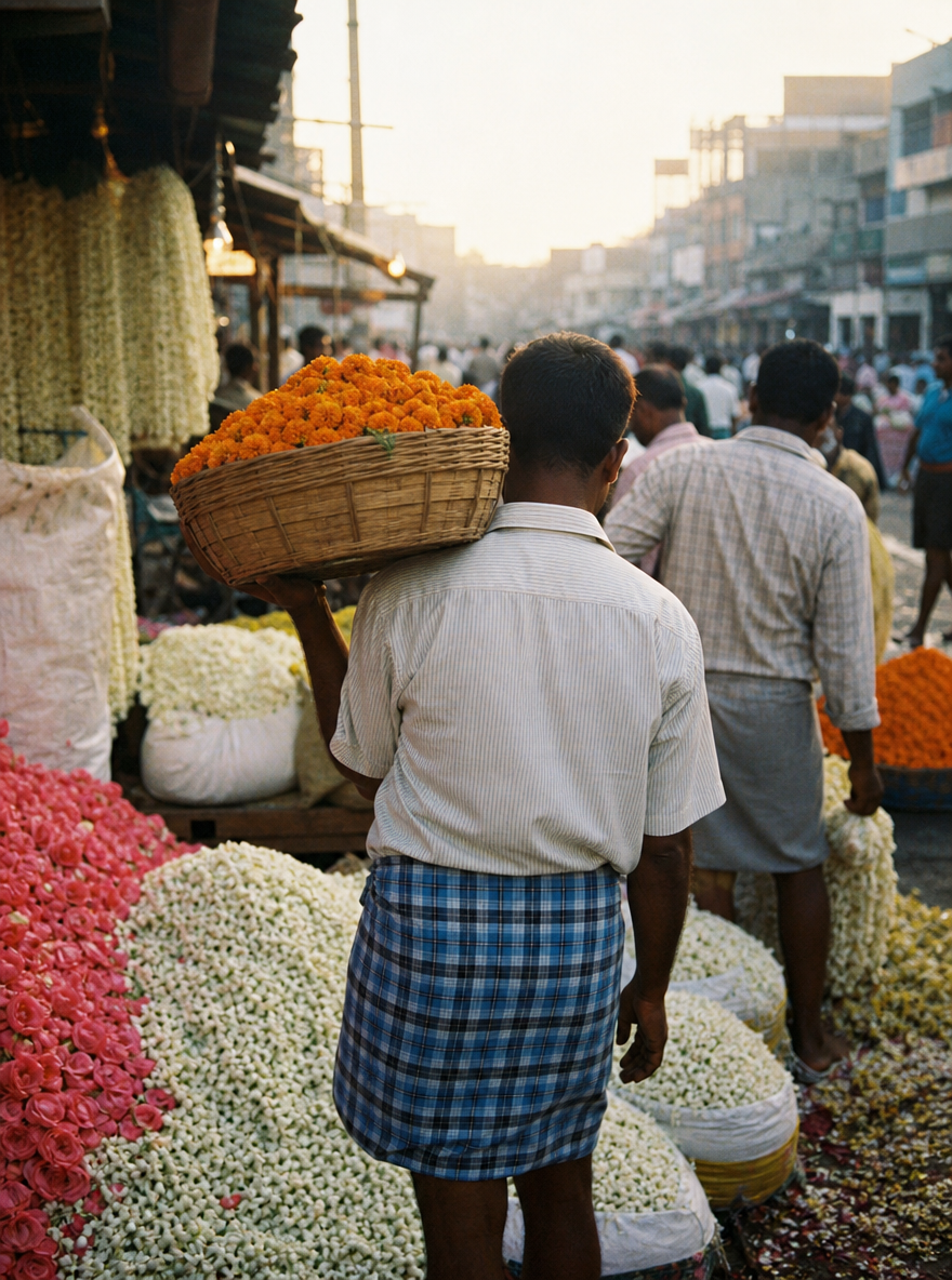 A man seen from behind carrying a basket of marigold through a crowded flower market at dawn, heaps of jasmine and roses around.