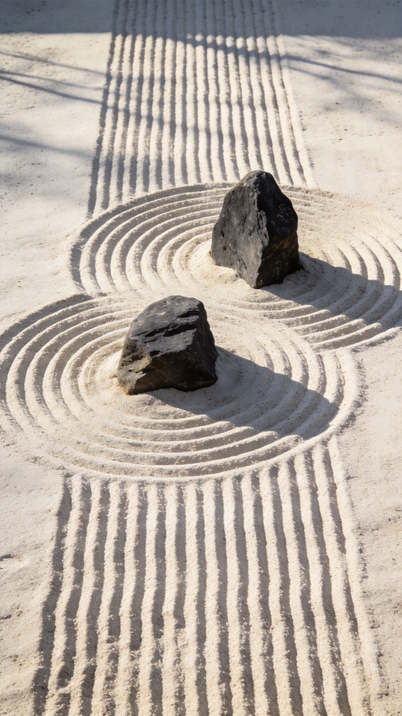 Overhead view of a raked zen sand garden with concentric rake lines curving around two dark stones.
