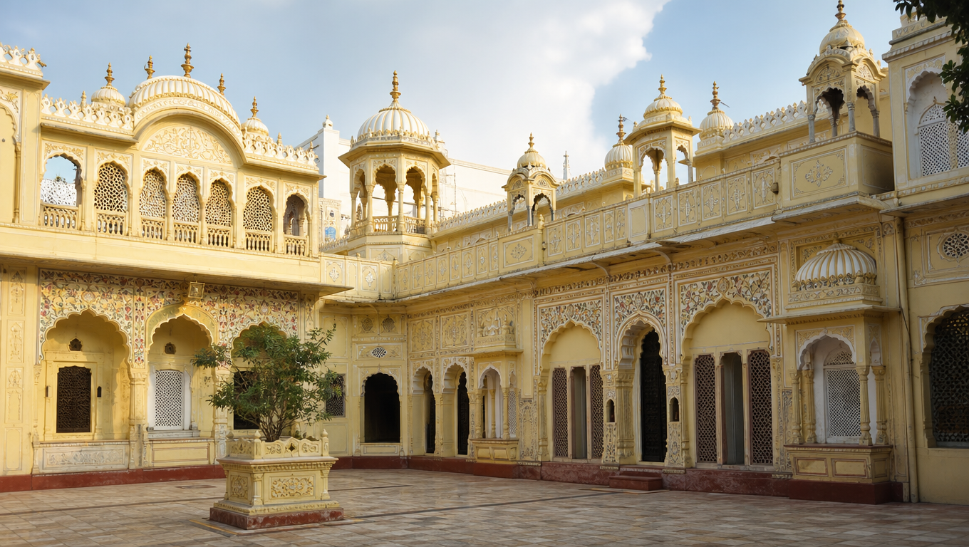 Kanak Bhawan in Ayodhya, a pale yellow palace-style temple with jharokha balconies and domed roofline.