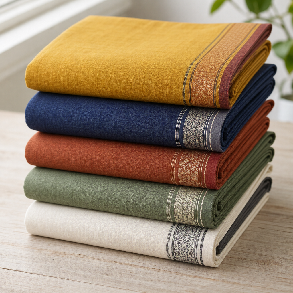Stack of five folded cotton handloom sarees in mustard, indigo, rust, sage and off-white on a wooden table.