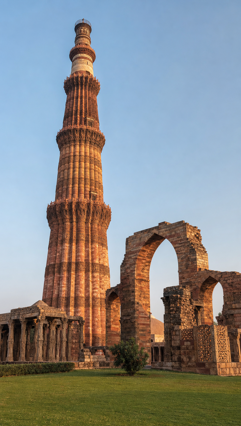 Qutub Minar's fluted red sandstone minaret rising above the ruined arches of the mosque at its base.