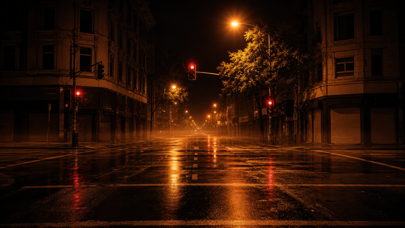 Empty city crossroads at night under orange sodium lamps with red traffic lights reflected in the damp road.