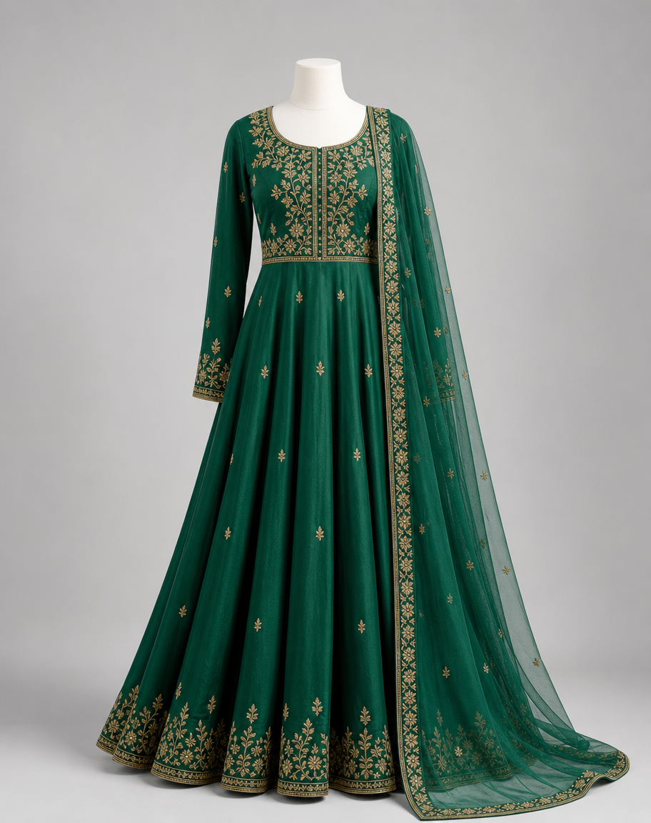 Emerald green anarkali suit with gold yoke embroidery and net dupatta on a headless white dress form.