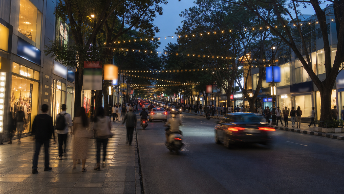 Brigade Road in Bengaluru at dusk with lit fashion showrooms, tiled pavements, trees and festive lights across the road.