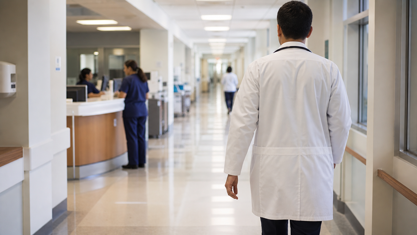 A doctor in a white coat with a stethoscope seen from behind walking a bright hospital corridor, nurses at a station ahead, clean light.