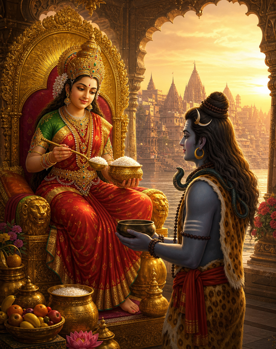Devotional art of annapurna feeding shiva, goddess annapurna seated on a throne holding a ladle and a bowl of rice, shiva standing before her with a begging bowl, a kashi skyline in the soft background, warm golden light.