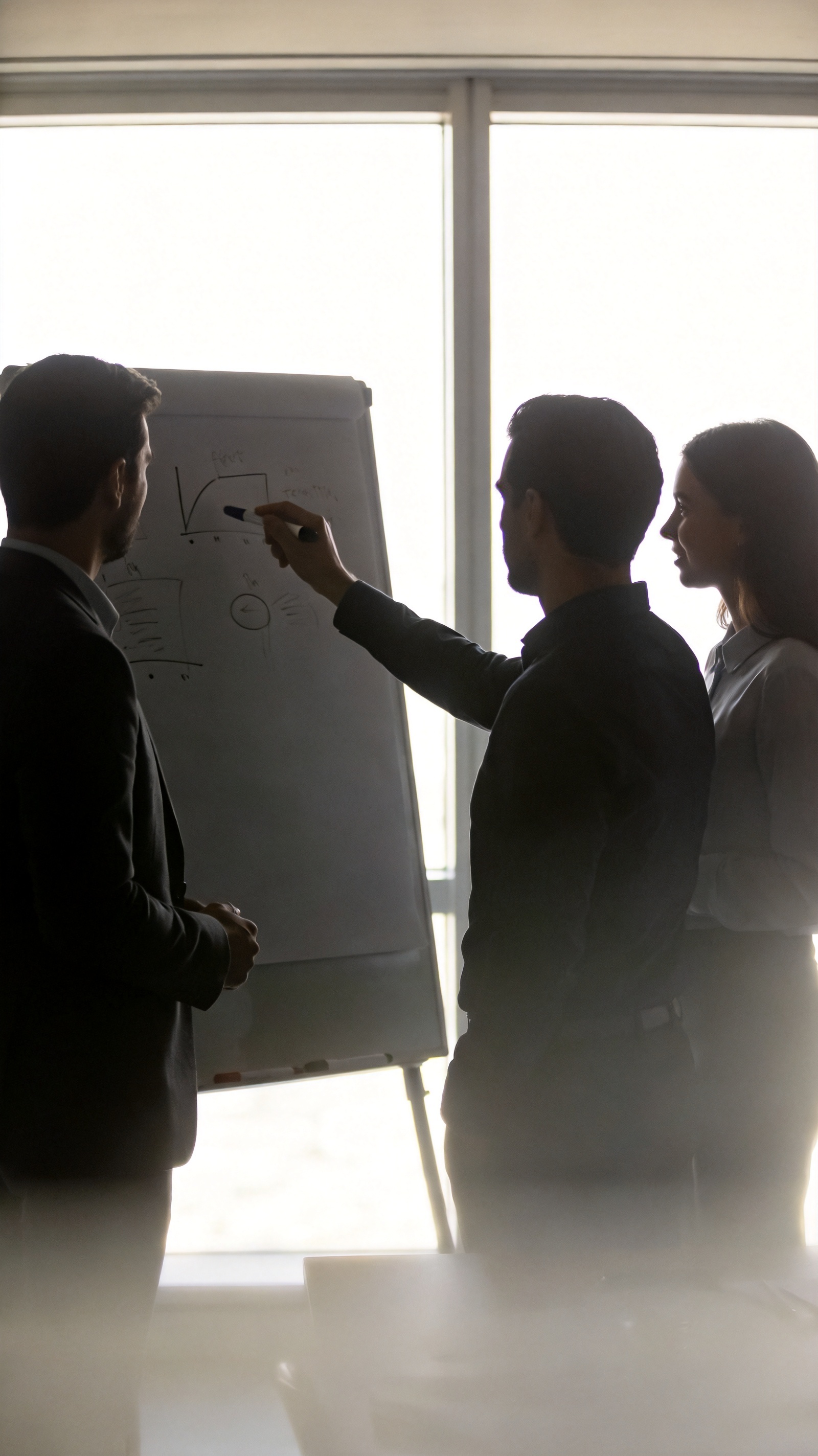 Three colleagues silhouetted against a bright window while working at a whiteboard together.