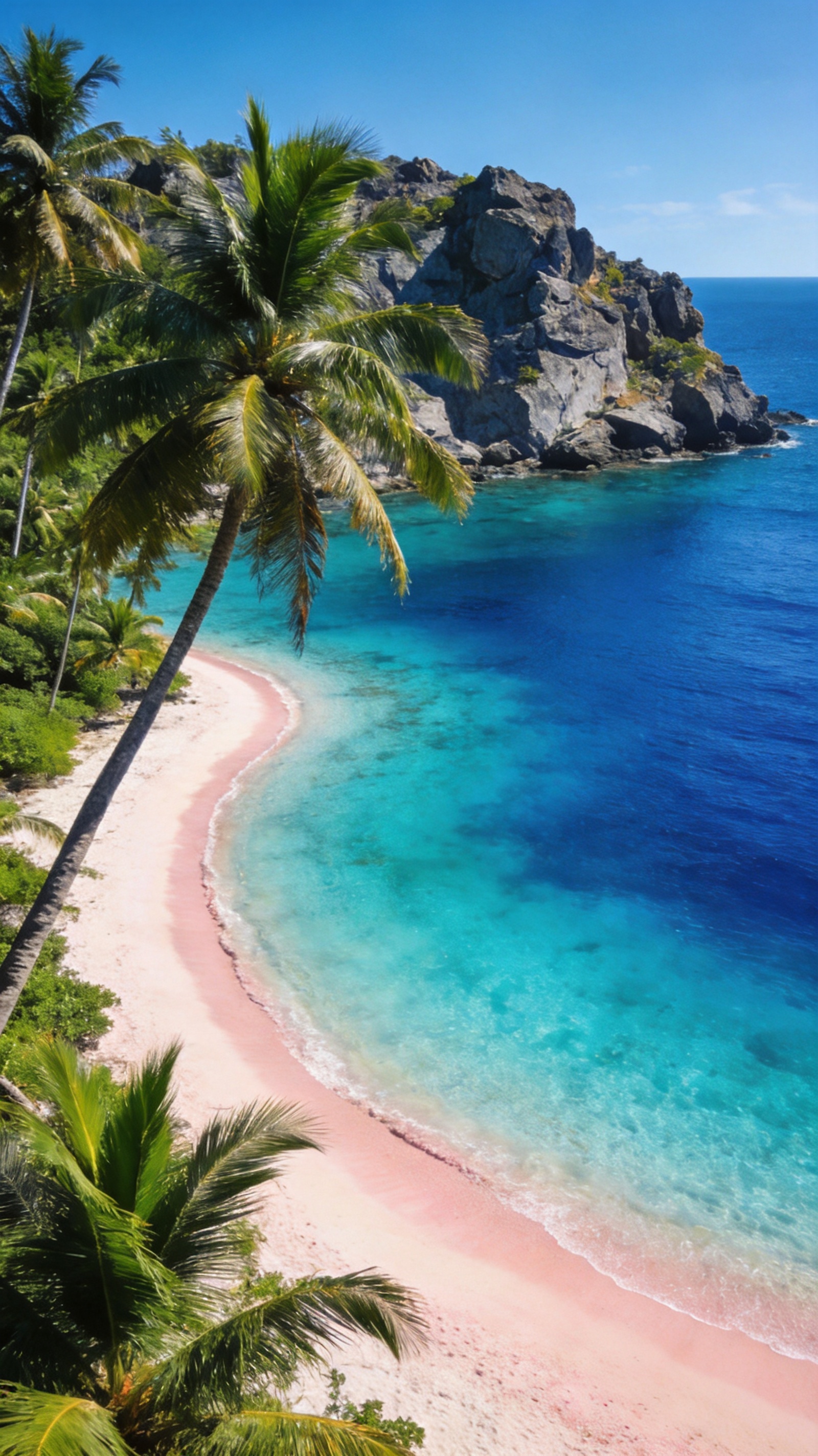 Vertical view of a turquoise tropical cove with pale coral sand and palms leaning in from the left.