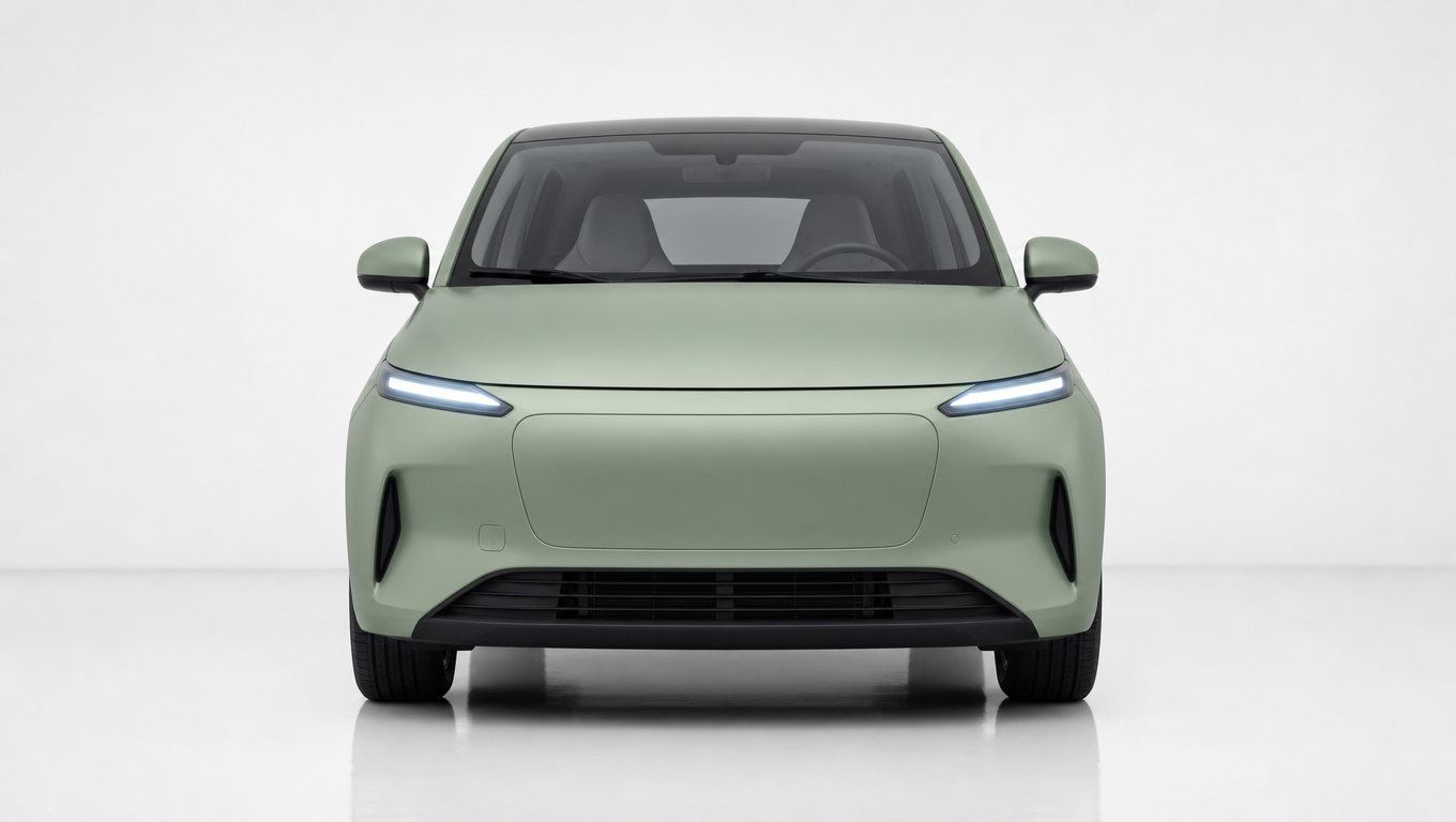 Generic matte pale green compact electric car in direct front view with lit LED running lights on a white floor.
