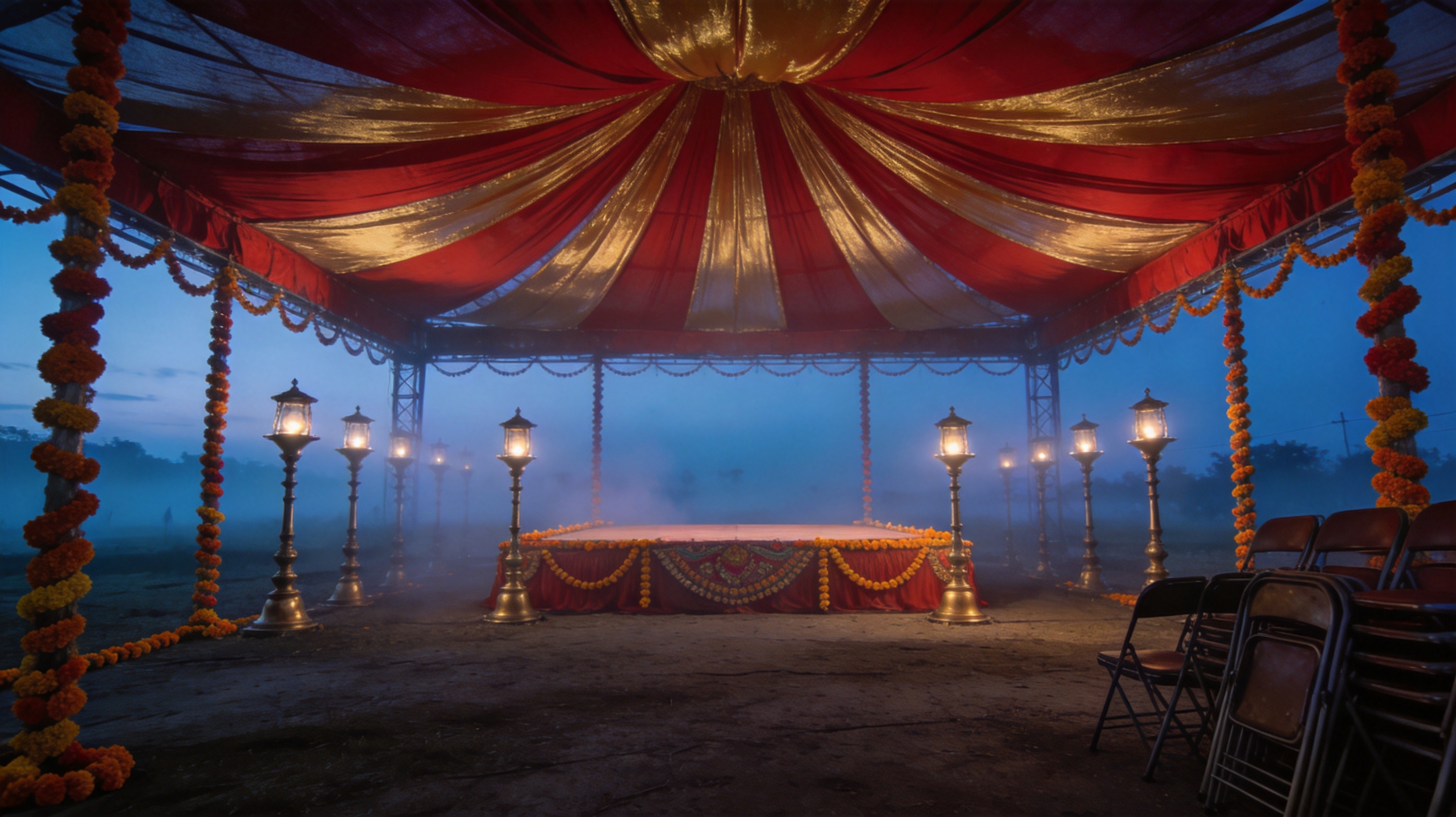 Empty festival mandap with a red and gold canopy and marigold strings under cool pre-dawn light.