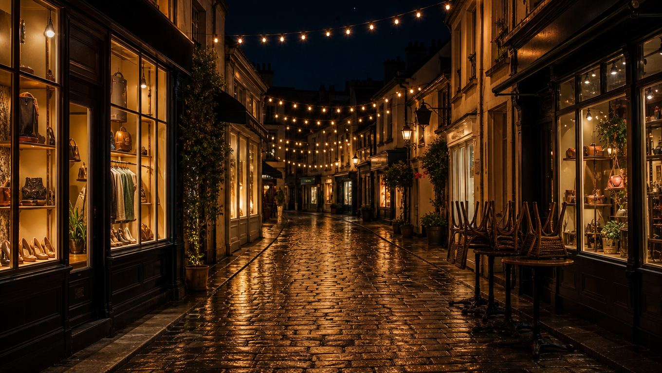 Cobbled boutique lane at night with warm designer shop windows reflected in wet stones and string lights overhead.