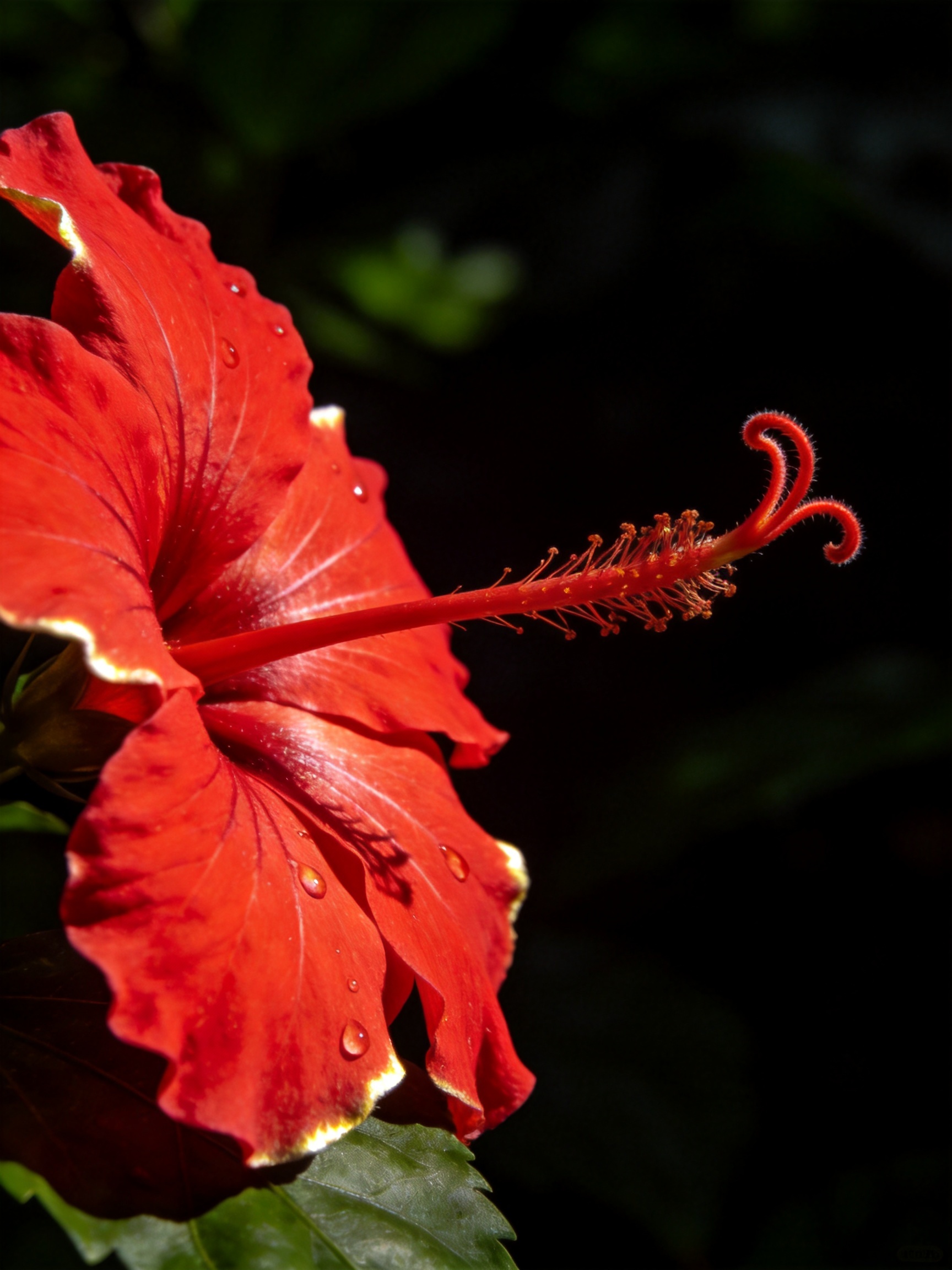 Scarlet hibiscus flower with a curving stamen lit from the side against near-black foliage.
