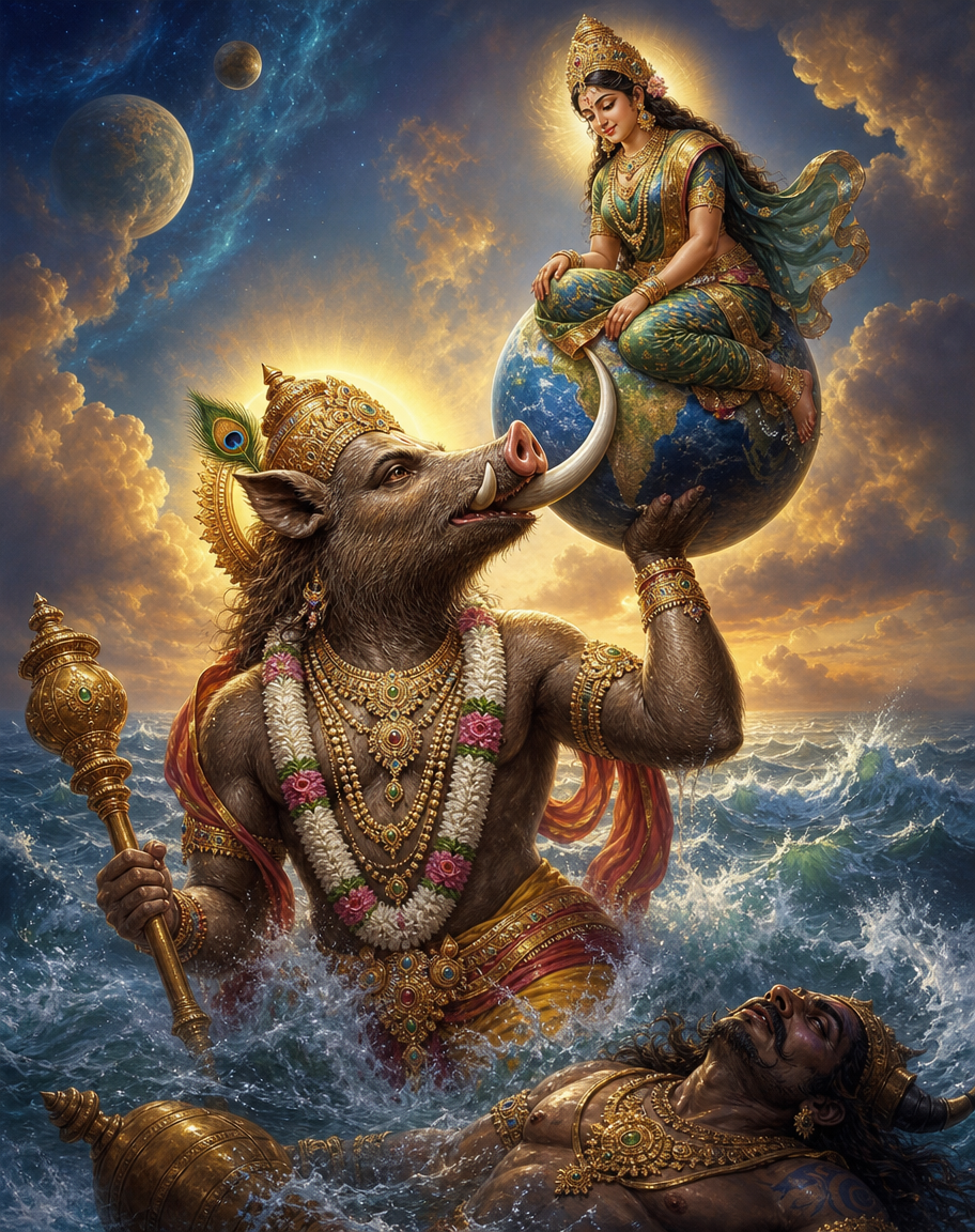 Devotional art of varaha avatar of vishnu, varaha, the boar avatar of vishnu, lifting the earth goddess bhudevi on his tusks out of the cosmic ocean, the demon hiranyaksha defeated below.