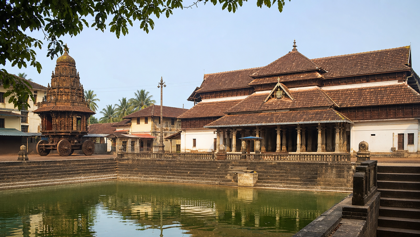 Udupi Sri Krishna Matha with its tiled roofs and a tall wooden chariot beside the stone-stepped temple tank.