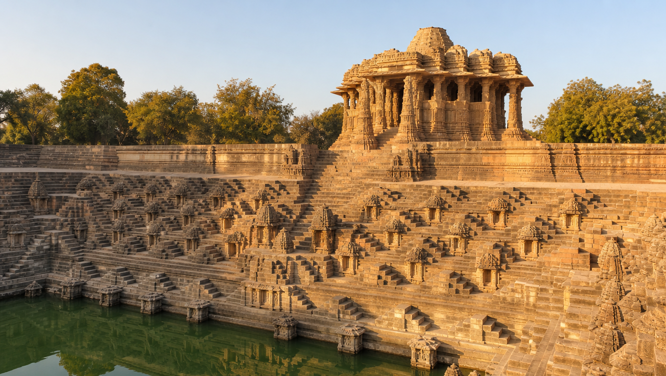 Modhera Sun Temple in Gujarat, carved sandstone halls above the great stepped Surya Kund tank in morning light.