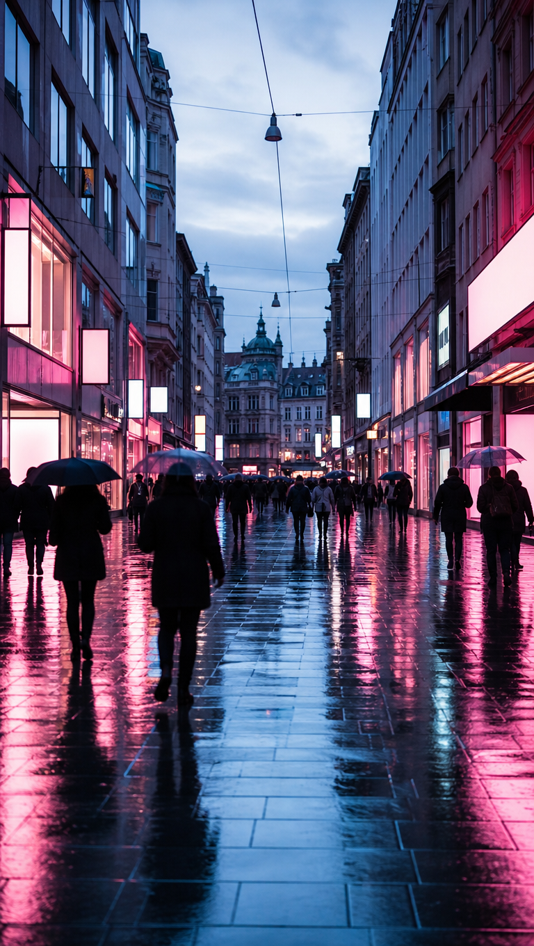 Vertical view of a busy shopping street in evening rain with glowing shop fronts mirrored in the wet pavement.