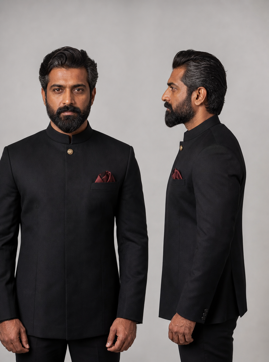 Photorealistic character reference sheet of Vikram Rathore, an Indian man in a black bandhgala jacket, front view and profile.