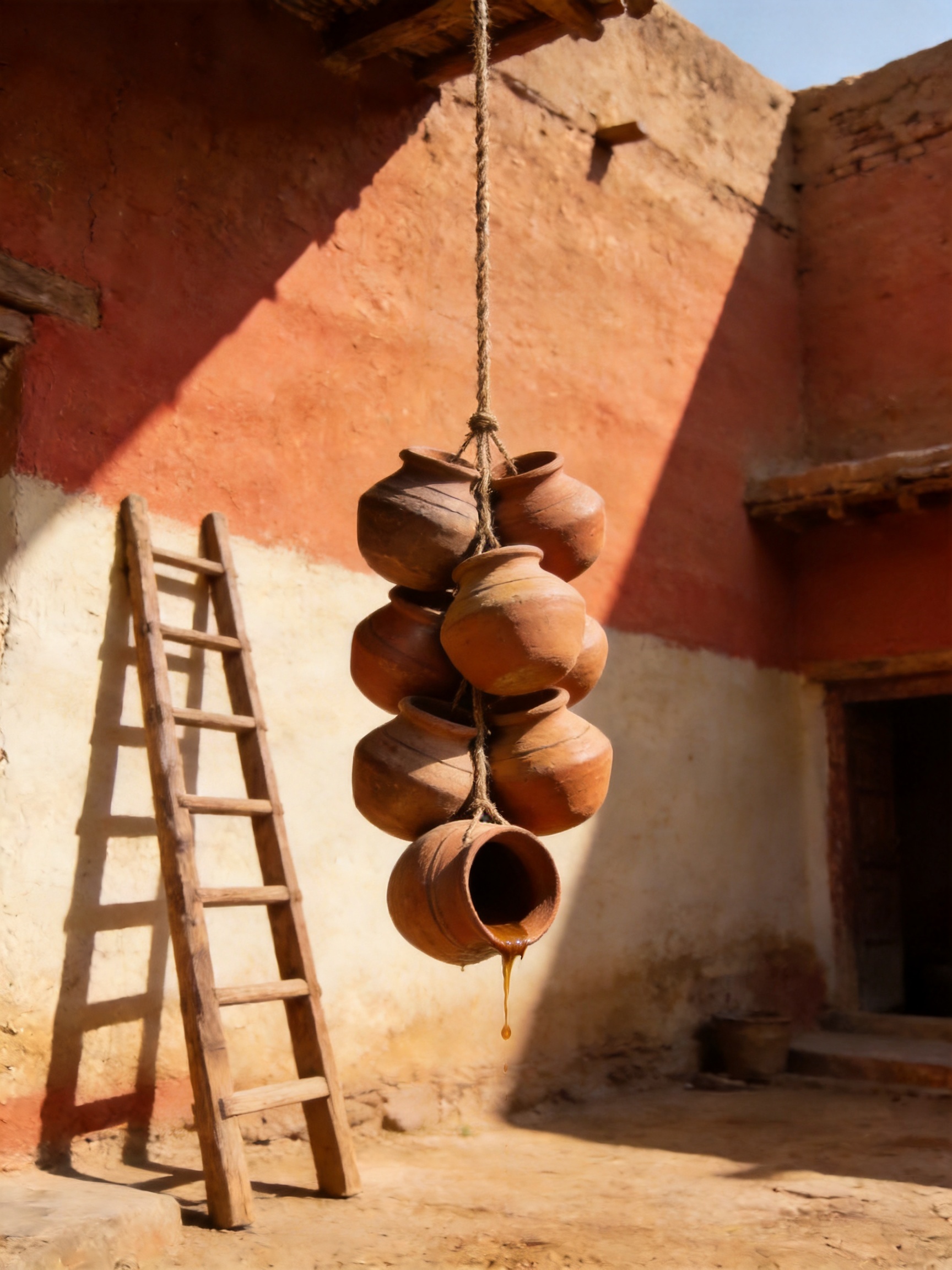 Cluster of clay butter pots hanging from a rope in a sunlit village courtyard with one pot tipped and dripping.