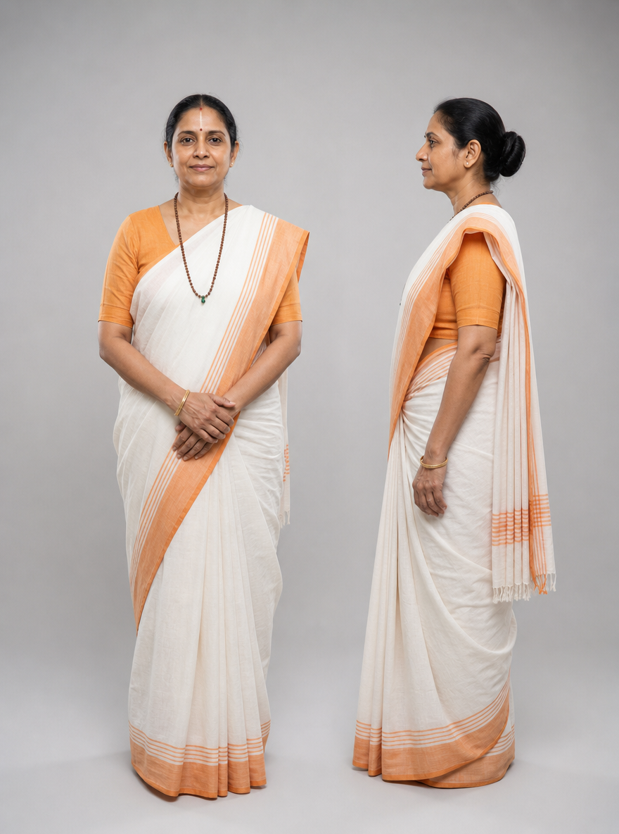 Photorealistic character reference sheet of Radhika Devi, an Indian woman in a saffron-and-white cotton saree, a tulsi mala and a plain bangle, front view and profile.