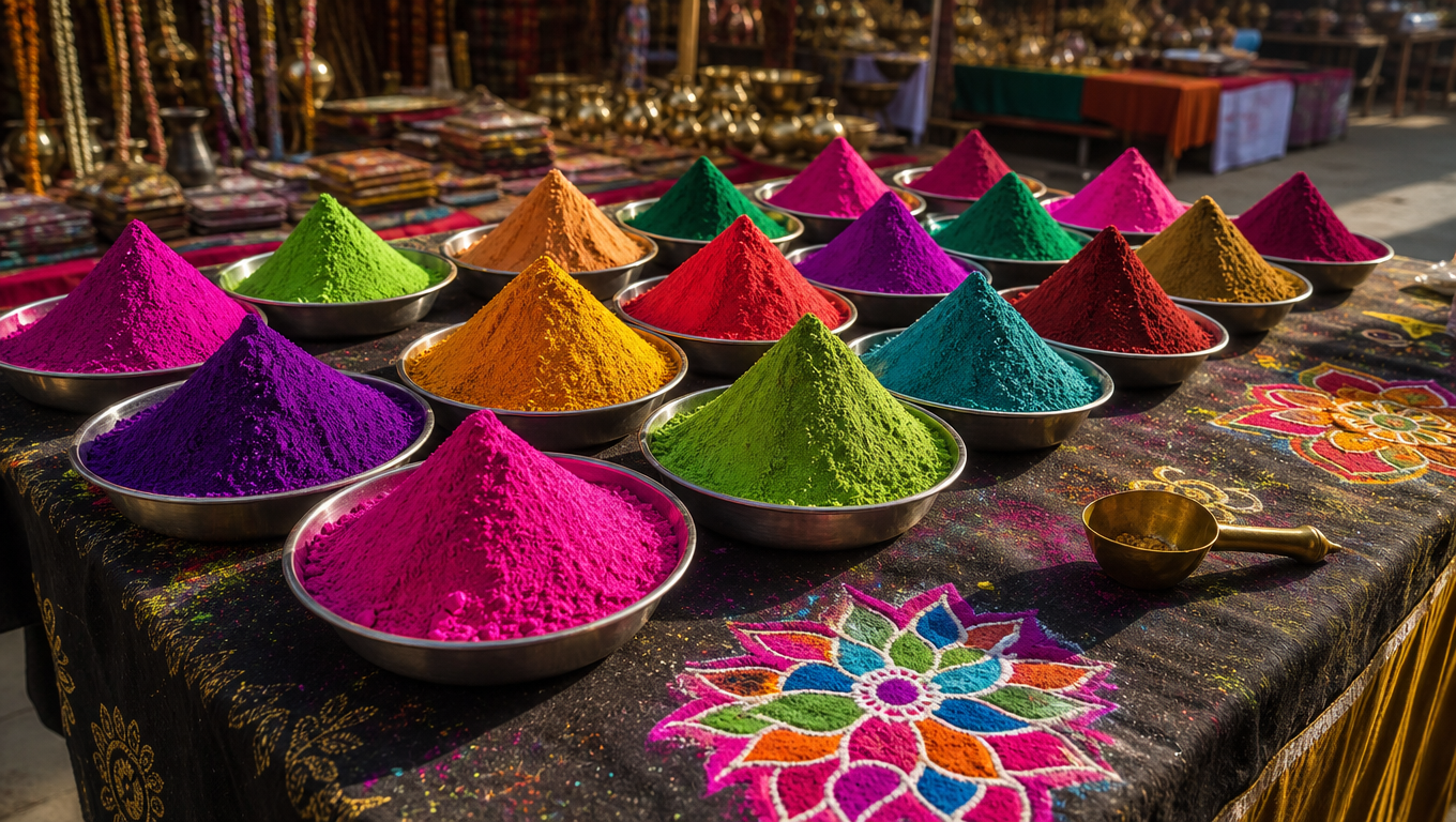 Rows of rangoli and gulal colour powder heaped into cones in steel trays at a festival market stall.