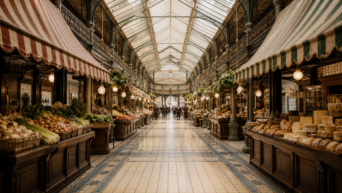 Symmetrical aisle of a covered market hall with cast-iron columns, glass roof and striped stall awnings.