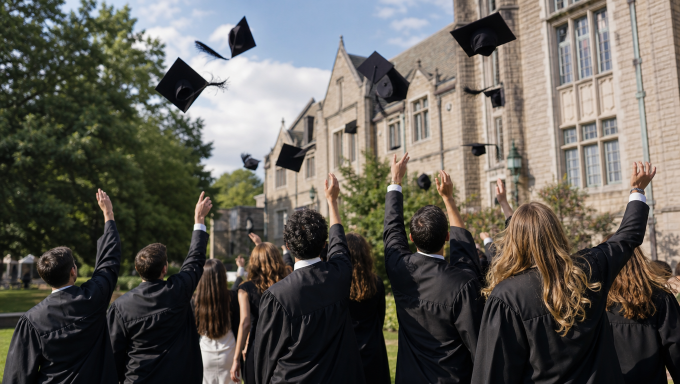 Graduates in gowns seen from behind throwing their caps into the air on a lawn, a college building behind, bright afternoon.