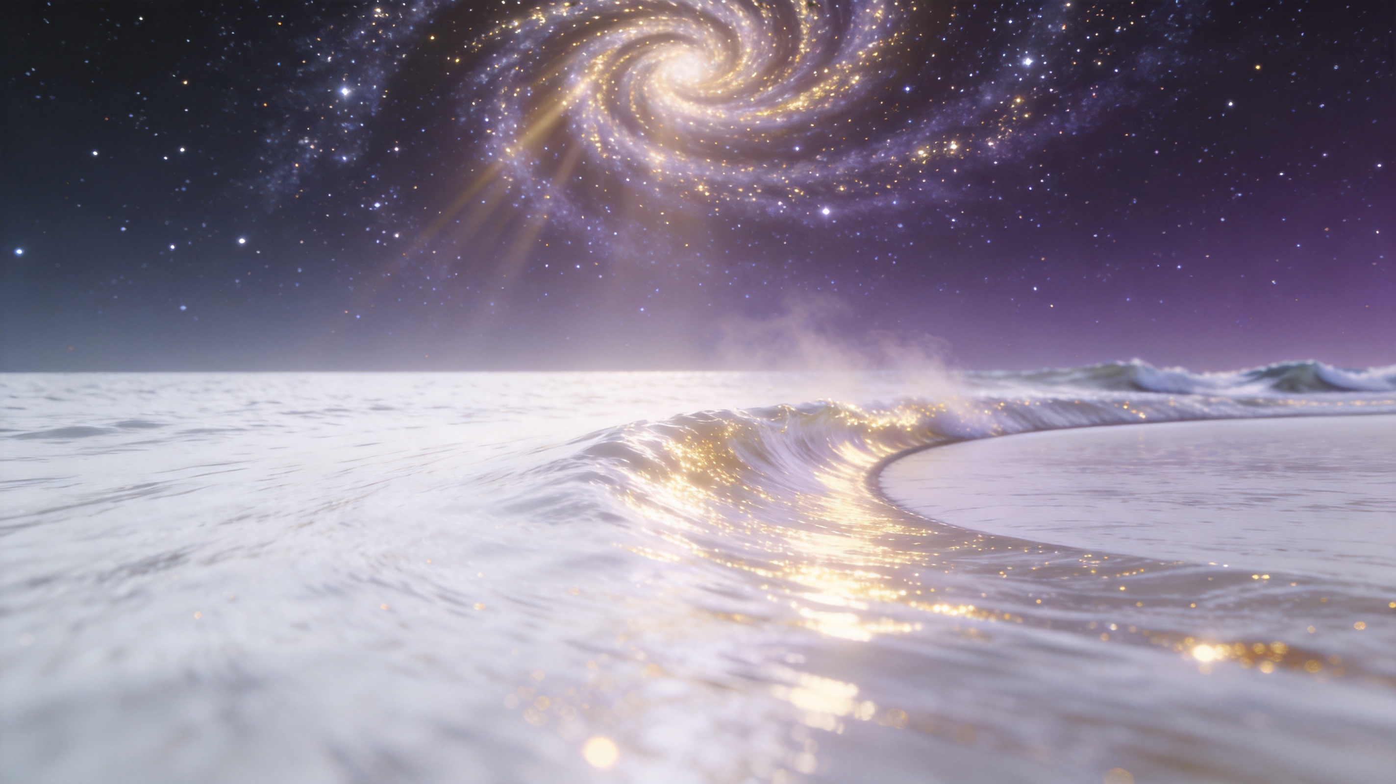 Vast pearl-white ocean with luminous swells beneath a great spiral of stars and faint golden mist.