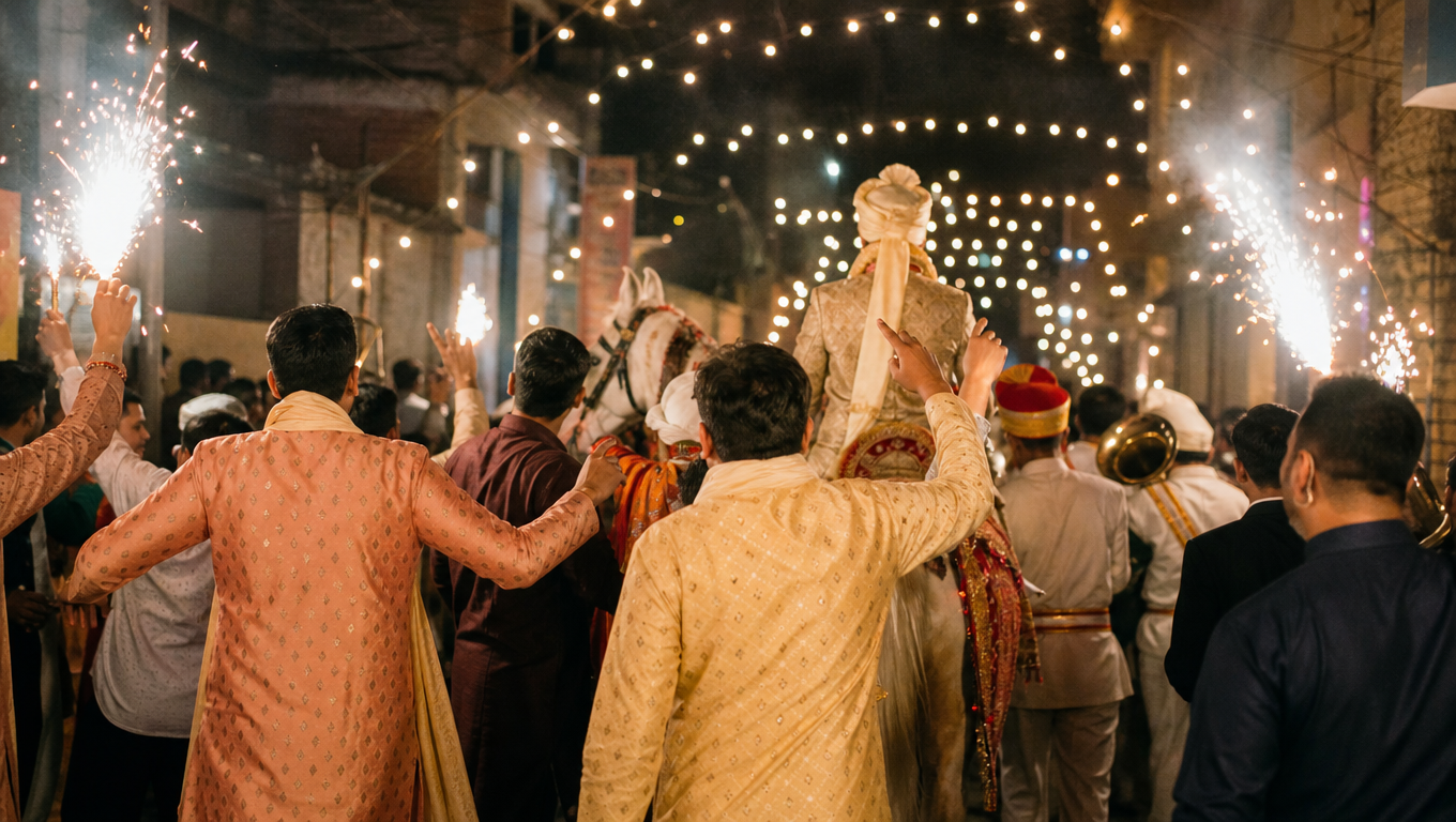 A baraat seen from behind dancing under lights in a street, a band ahead, a groom's horse, sparklers, people's arms raised.
