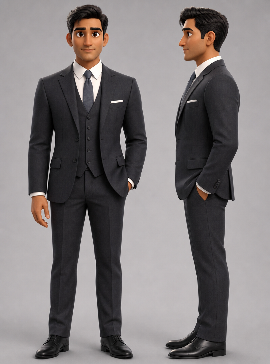 3d pixar-style character reference sheet of Arjun Malhotra, an Indian man in a slim charcoal three-piece suit, front view and profile.