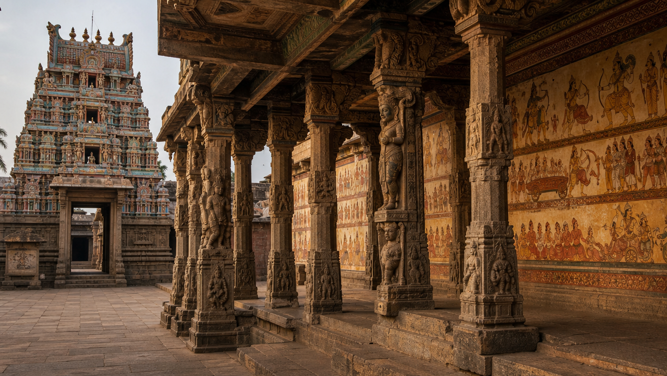 Pillared mandapam of Ramaswamy Temple in Kumbakonam with carved granite columns and painted Ramayana murals.
