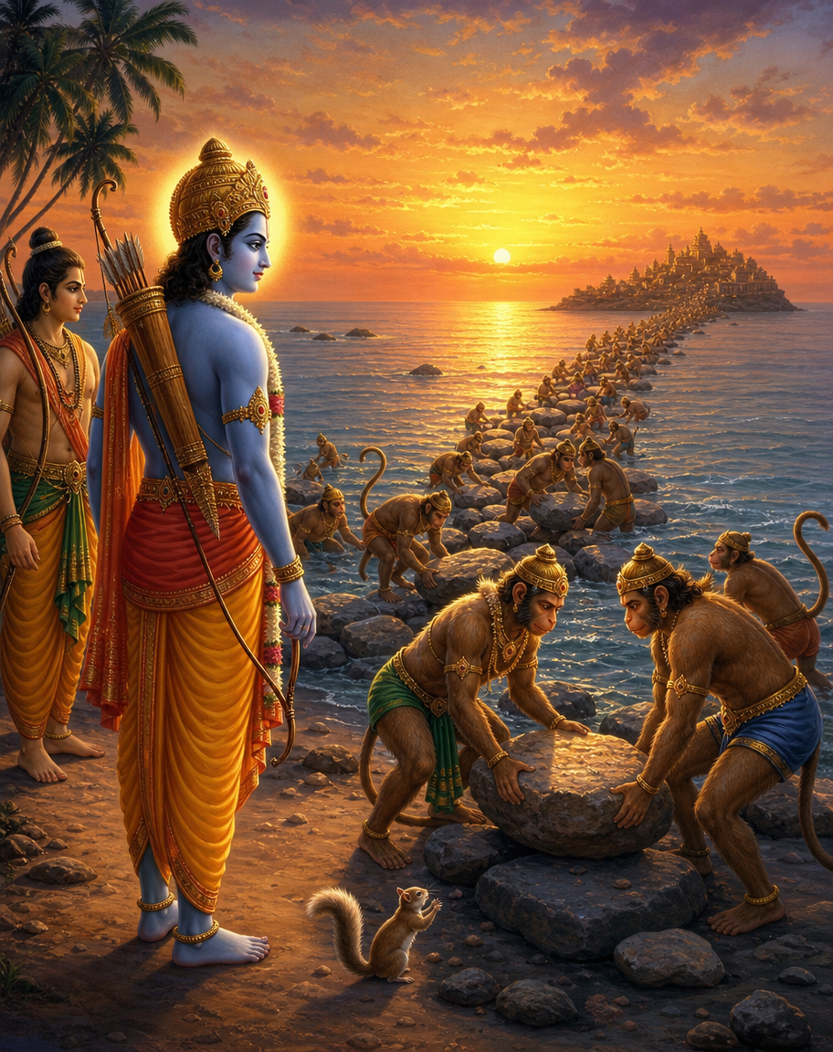 Devotional art of rama setu bridge to lanka, rama standing on the shore as the vanara army builds the stone bridge to lanka, nala and nila placing floating stones marked with his name, the squirrel helping, a sunset sea.