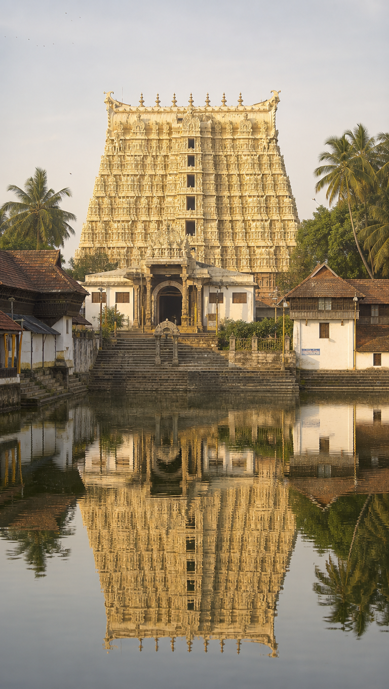 Vertical view of Padmanabhaswamy Temple's gopuram in Thiruvananthapuram reflected in the temple tank at dawn.