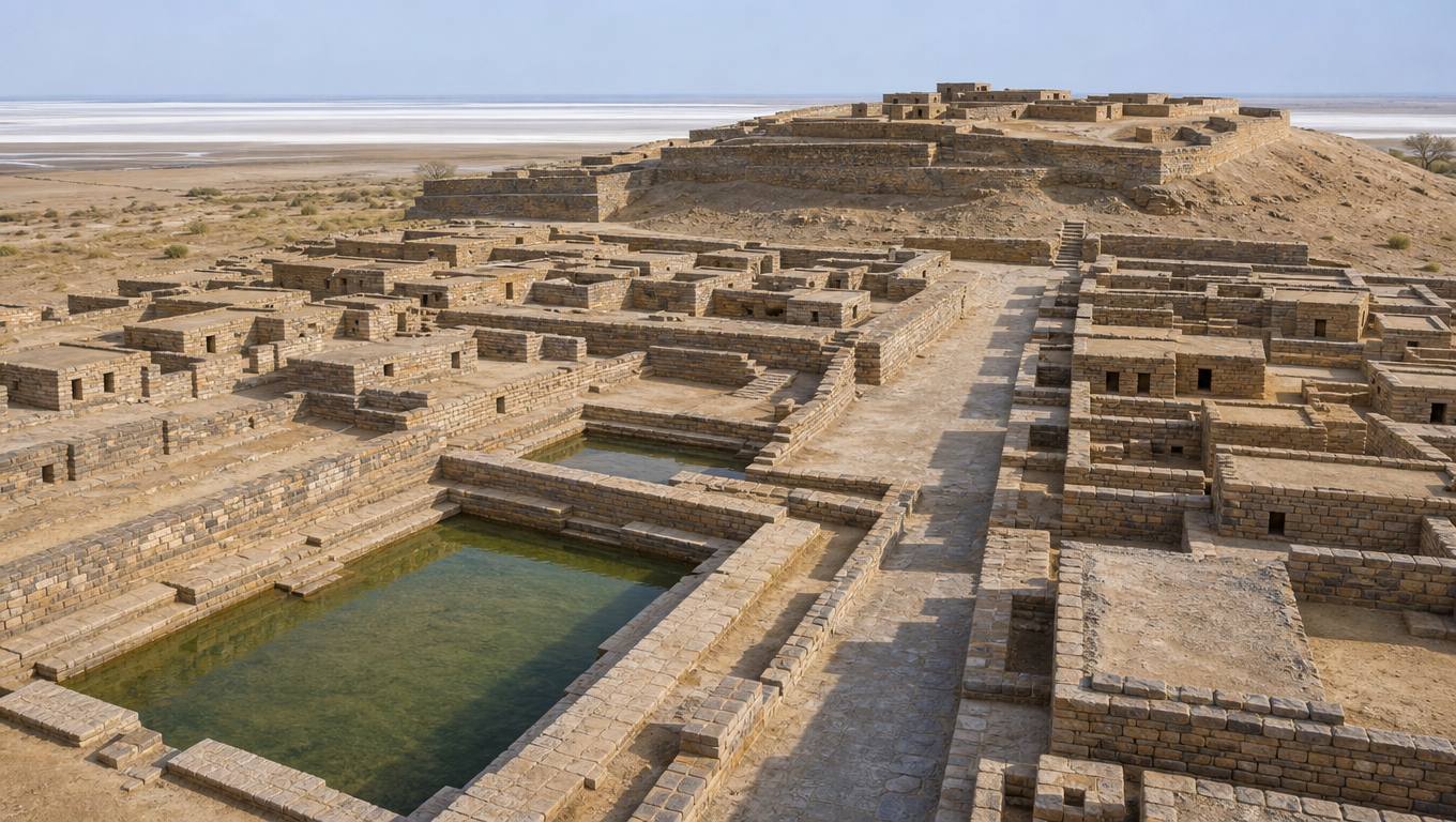 Reconstruction of Dholavira's stone citadel and stepped reservoirs with the Rann of Kutch in the distance.