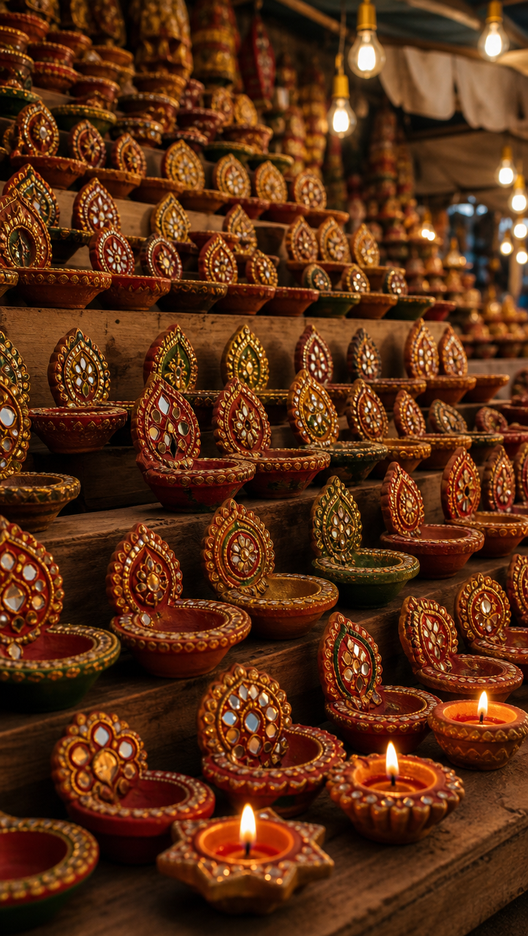Vertical view of painted terracotta diyas in rows on tiered shelves at a festival market stall, a few lit.