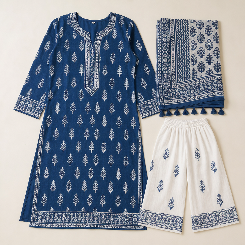 Flat lay of an indigo block-printed cotton kurti with white palazzo and printed dupatta on an off-white surface.