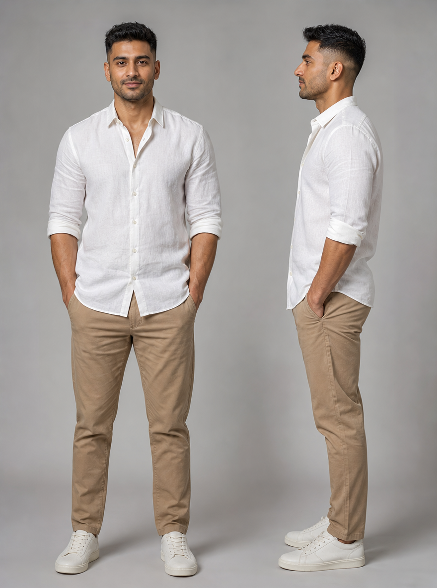 Photorealistic character reference sheet of Rohan Kapoor, an Indian man in a fitted white linen shirt, front view and profile.